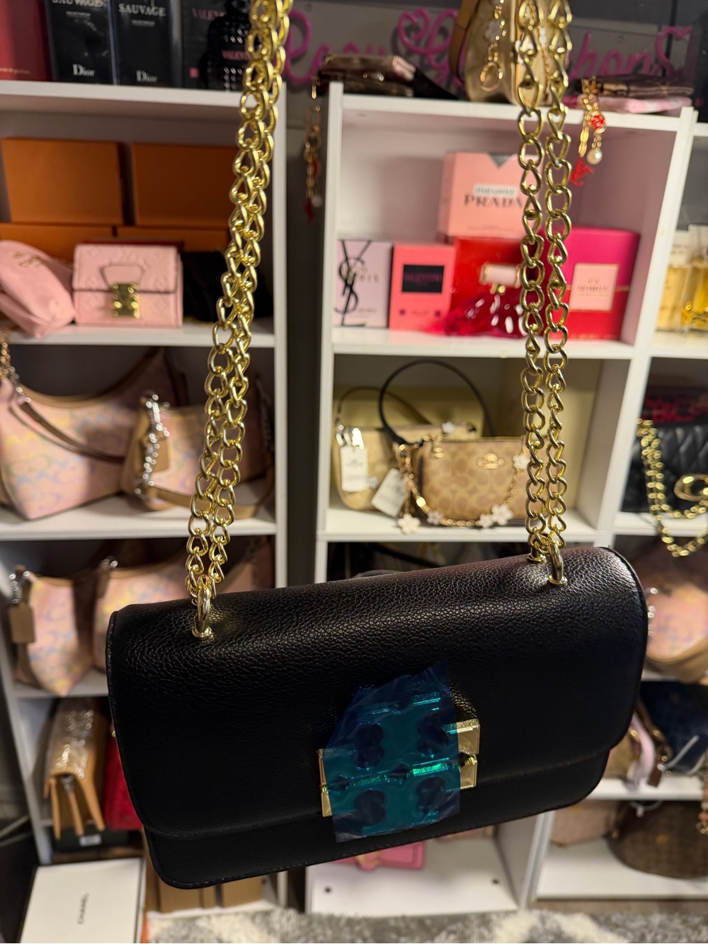 Black Leather Crossbody Bag with Gold Chain